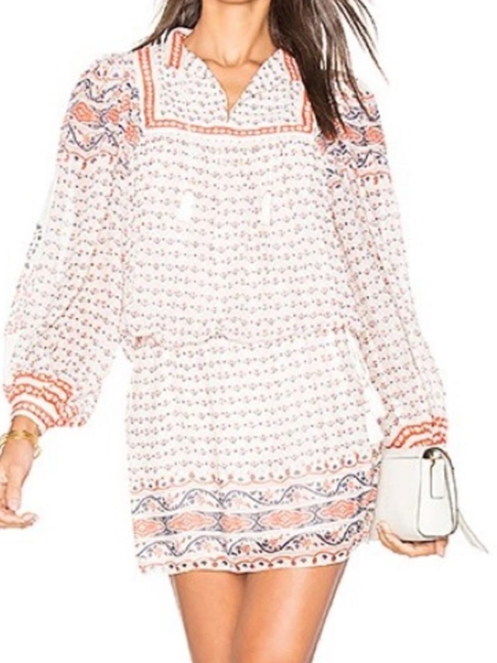 Ulla Johnson Silk Dress with Coral and Navy Border Print